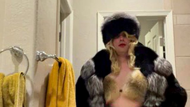Trans furry slut Crystal plays with her fox fur coat