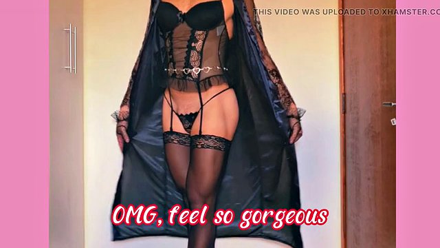 Beautiful and sexy femboy in black satin, lingerie and scarpin. The best video of the day
