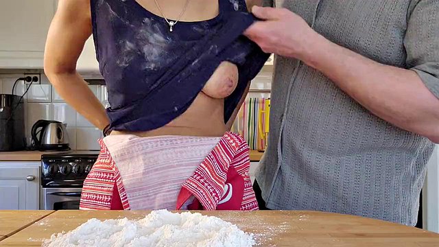 Hot wife with amazing natural tits gets her pussy filled while working in the kitchen