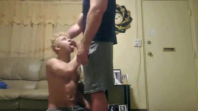Blonde boy sucks stepdad's cock and swallows