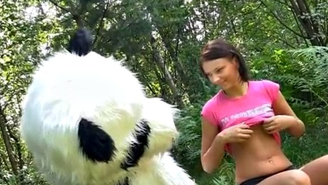 Sex in the forest with a huge toy panda
