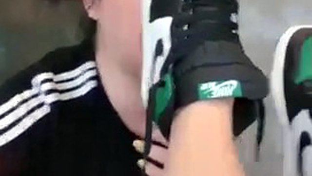 Female Slave Licks Chinese Mistress's Nike Air Jordan 1 in Public