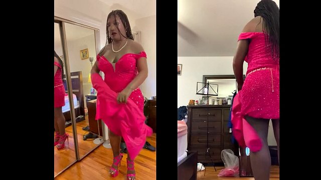 The black Danae takes off her pink dress, lingerie, gets naked and cums