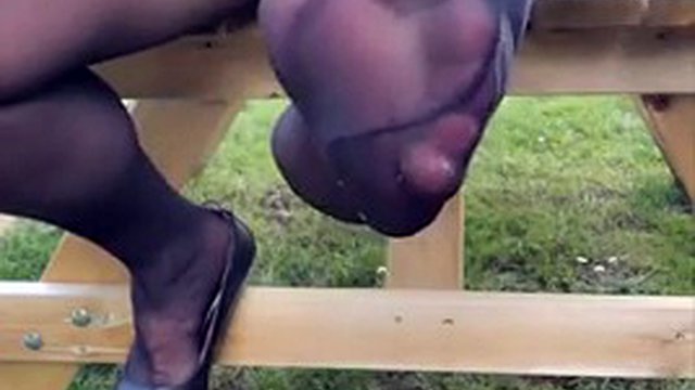 Big cock squirts cum in pantyhose in public
