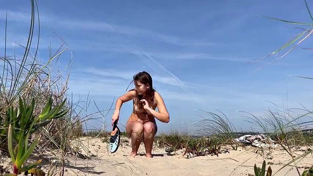One day at a public nudist beach in Portugal. Naked tennis and masturbation near strangers