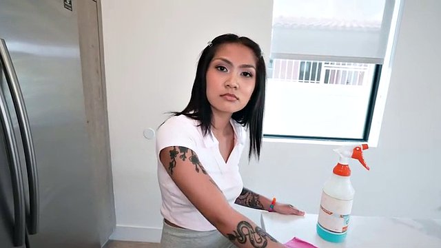 Petite inked Asian maid banged by BBC after deep throat