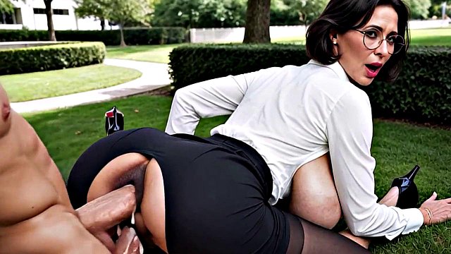 Glasses-Wearing Busty Milf Gangbanged Hard by Multiple Men on Grass