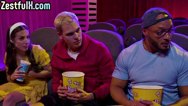 Bisexual nympho babe fucked in cinema in MMF threesome