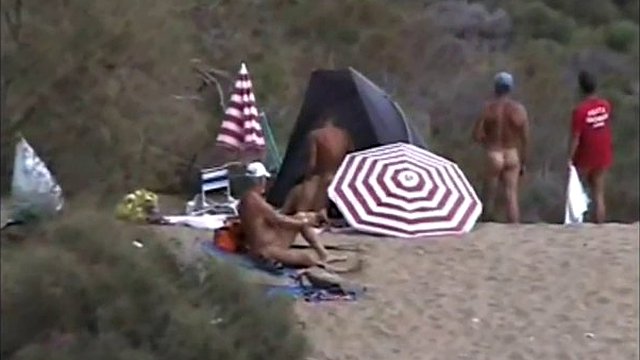 Horny nudist couple on the beach all go out