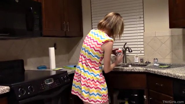Teen cleans and flashes her panties