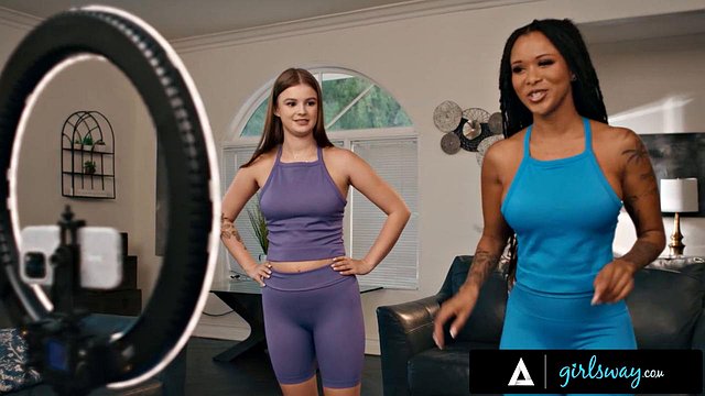 GIRLSWAY - MILF Cali Sweets’ Ripped Yoga Pants Stepdaughter Sky Wonderland’s Pussy Eating