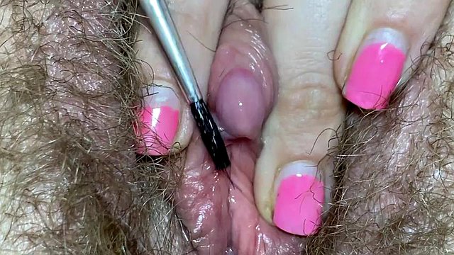 big clit fetish edging video brush toy on huge clit closeup