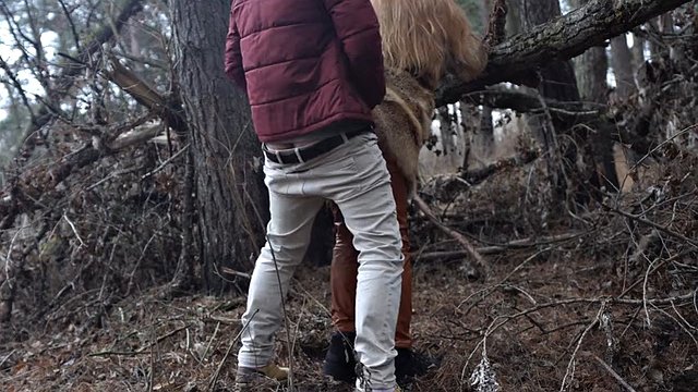 Outdoor sex with a redhead teen in a winter forest. Risky public fucking