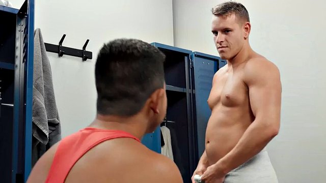 Passionate Asian locker room barebacked by a white stud