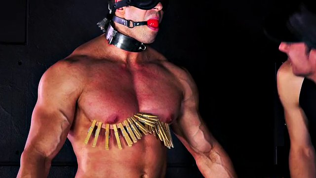 Natural muscle BDSM slave submits to gay master in bondage