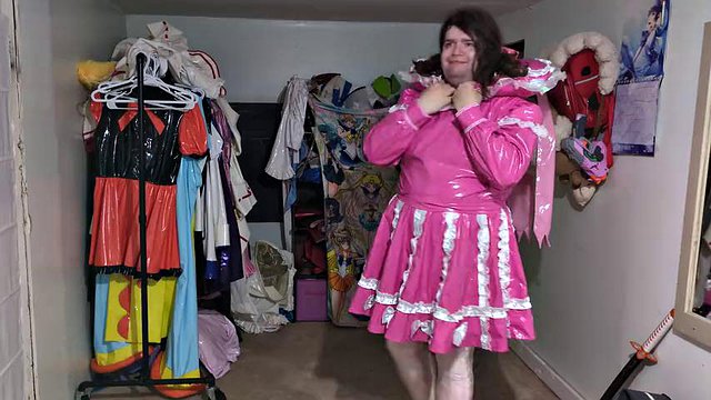 Pink PVC Sissy Bonnet Dress, Gasmask Fun with Breathing bag and Bubbler Bottle