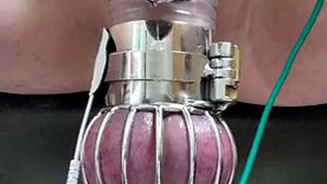 Locktober Sperma von CBT Estim in Keuschheit und Ballkäfig