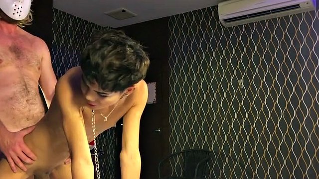 Tiny teen ladyboy Sandy tied up in bondage, blowjob and rough anal penetration