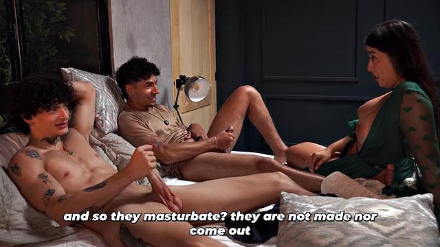 What are they doing? Stepson and his friend masturbate and their stepmother decides to teach them