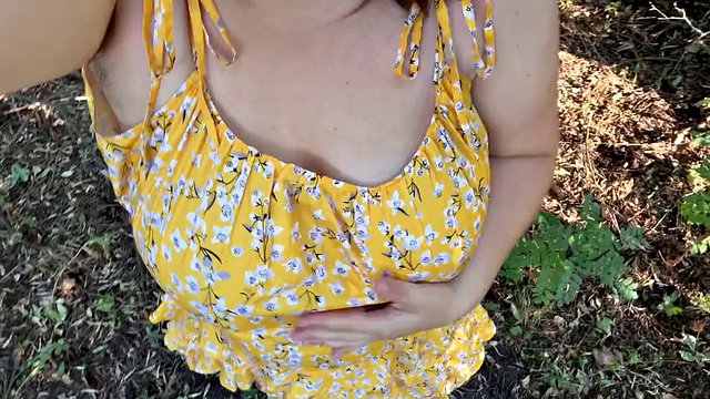 Chubby stepmom Milky Mari showing her hairy pussy outdoor