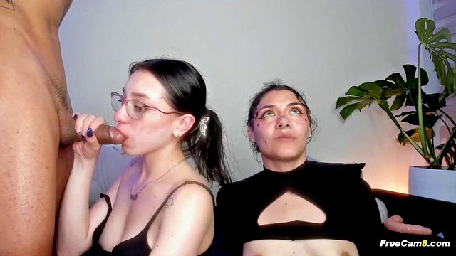 Horny Besties Na Koleně Uctívat Hard Dicks