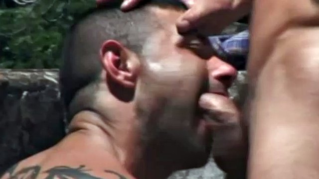 Muscular studs fuck in the park