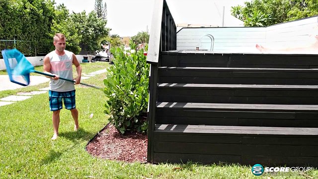 Nicky Rebel Gives Pool Boy Nicky Rebel a Cumshot Blowjob Outdoors